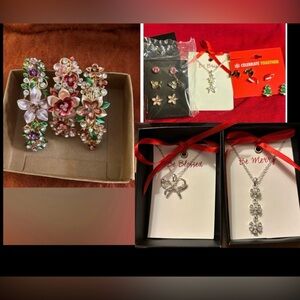 Spring & Christmas earrings; 3 Avon silvertone necklaces. 3 *FREE* hair clips!